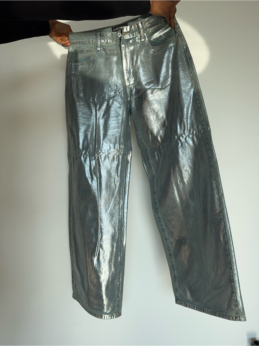 Fashion Nova Metallic Silver Straight-Leg Jeans